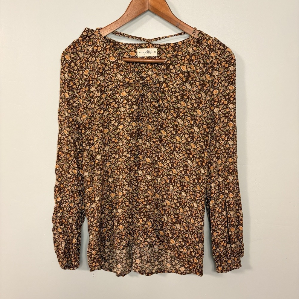 Natural Life Brown Floral Long Sleeve Drawstring V-Neck Blouse Top Size M Fall